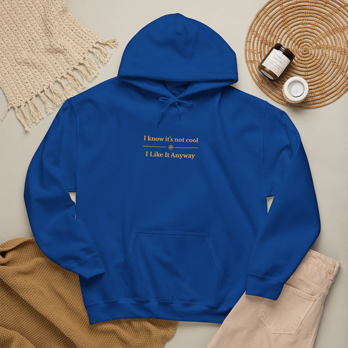 White Hoodie — "I Know It’s Not Cool, I Like It Anyway" Minimal Slogan Sweatshirt