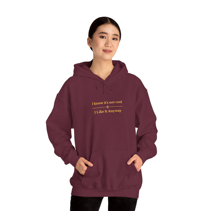 White Hoodie — "I Know It’s Not Cool, I Like It Anyway" Minimal Slogan Sweatshirt
