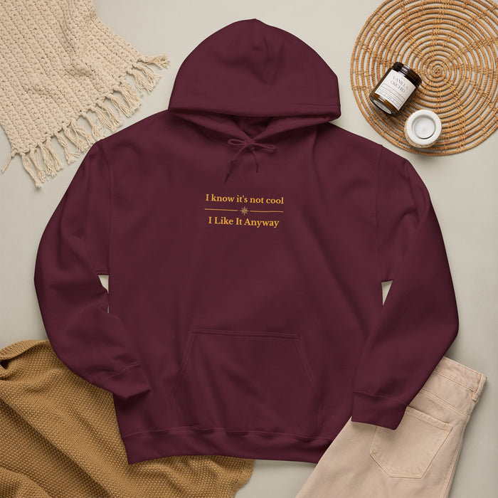 White Hoodie — "I Know It’s Not Cool, I Like It Anyway" Minimal Slogan Sweatshirt