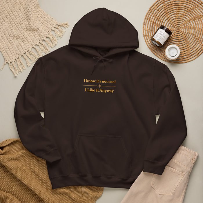 White Hoodie — "I Know It’s Not Cool, I Like It Anyway" Minimal Slogan Sweatshirt